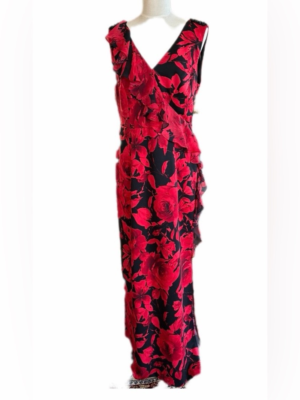 Red Floral V-Neck Women’s Dress with Cascading Ruffle